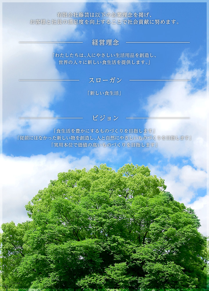 有限会社籐芸は以下の企業理念を掲げ、お客様と社員の満足度の向上をすることで社会貢献に努めます。｜経営理念：「わたしたちは、人にやさしい生活用品を創造し、世界の人々に新しい食生活を提供します。」｜スローガン：「新しい食生活」｜ビジョン：「食生活を豊かにするものづくりを目指します」「従前にはなかった新しい物を創造し、人と自然にやさしいものづくりを目指します」「実用本位で価値の高いものづくりを目指します」